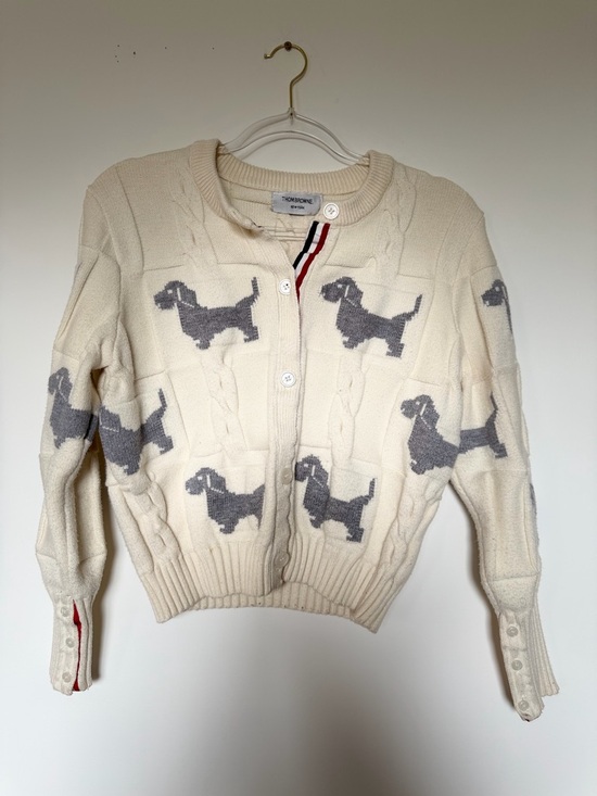 Thom Browne Sweaters - Thom Browne Cream Cardigan with Gray Dog Motif and Signature Trim